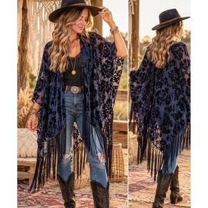 Signature Navy Blue Velvet Burnout Floral Kimono Wrap Fringe Trim One Size